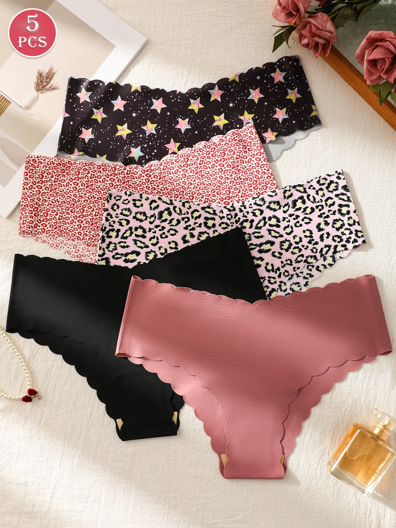 5-pack seamless women's underwear - soft, skin-friendly low-waisted scalloped wave edge, suitable for yoga, fitness, dance, and everyday activities Panties