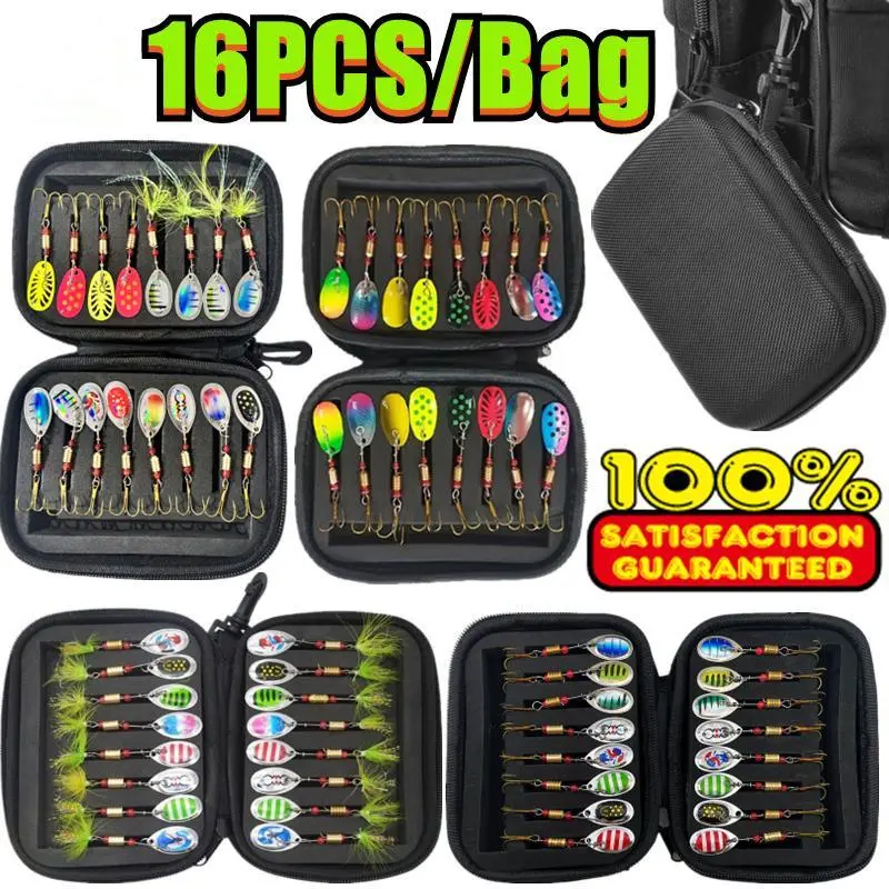 Rotating Fishing Lure with Feather & Hooks, 16pcs/set Metallic Fishing Spinnerbait with Storage Bag, Fishing Accessories, Fishing Equipment, Top Water Lures, Topwater Fishing Lure, Fishing Lures Kit, Artificial Fishing Lures