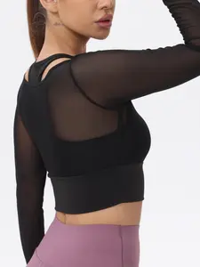 Women Mesh Long Sleeve Cropped Yoga Active T-Shirt With Padded Bust Athletic Activewear, Gym Workout Tops, Fitness Top, Workout Sportswear, Yoga Clothes, Sport Clothing