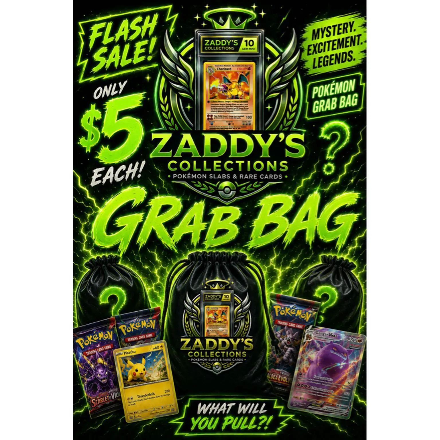 Zaddy's Collections 5 Dollar Grab Bag - Mystery Excitement Legends Pokemon Slabs & Rare Cards Flash Sale