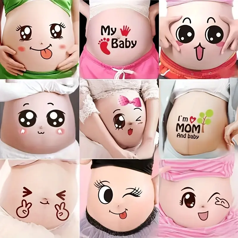 9pcs Maternity Belly Decorative Stickers - Funny Cartoon, Expressive Cute Faces, Humorous Phrases, Mixed Colors, "MY", "I'M HUNGRY" Designs, Home Decor Embellishment, Baby Shower Gift for Expecting Moms, Flat