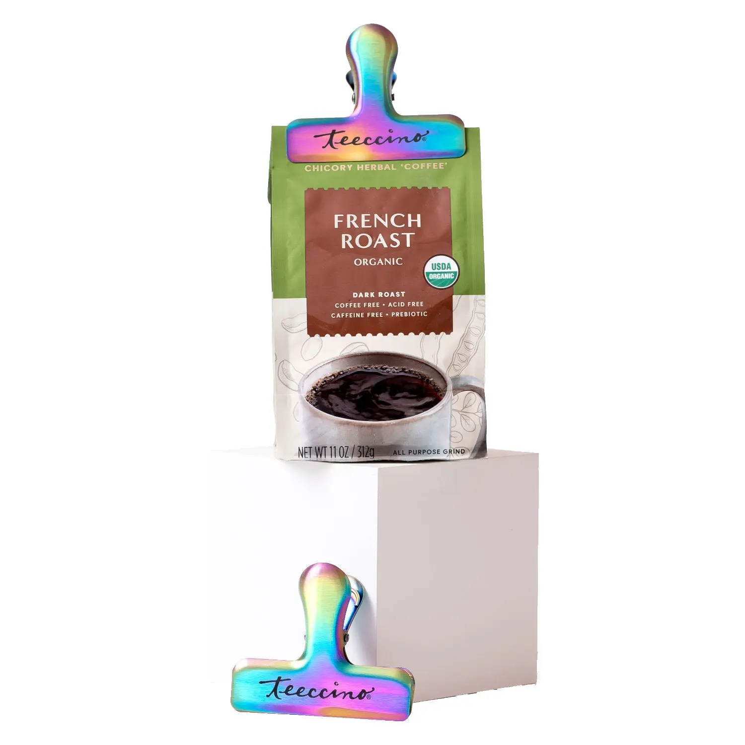 Teeccino Iridescent Metal Herbal Coffee Bag Clips French Roast Organic Stainless Steel Kitchen Utensil for Fresh Flavor