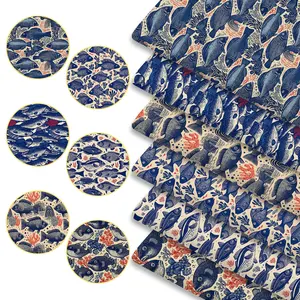 6pcs Linocut Style Fish Fabric Bundles, 45cmx50cm (17.72x19.69in) Block Print Ocean Marine Pattern Fabric Squares for Quilting, Patchwork DIY Sewing Material for Bedding, Tablecloth, Bags, Headbands, Pillowcases