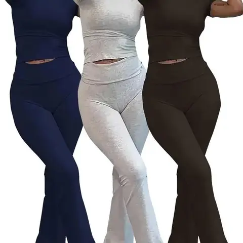 Women's Basic 2-Piece Solid Short-Sleeve Crop Top & High-Waist Wide-Leg Pants Set - 2024 Nightwear, Lounge Set, Yoga Sportswear (Women's Clothes)