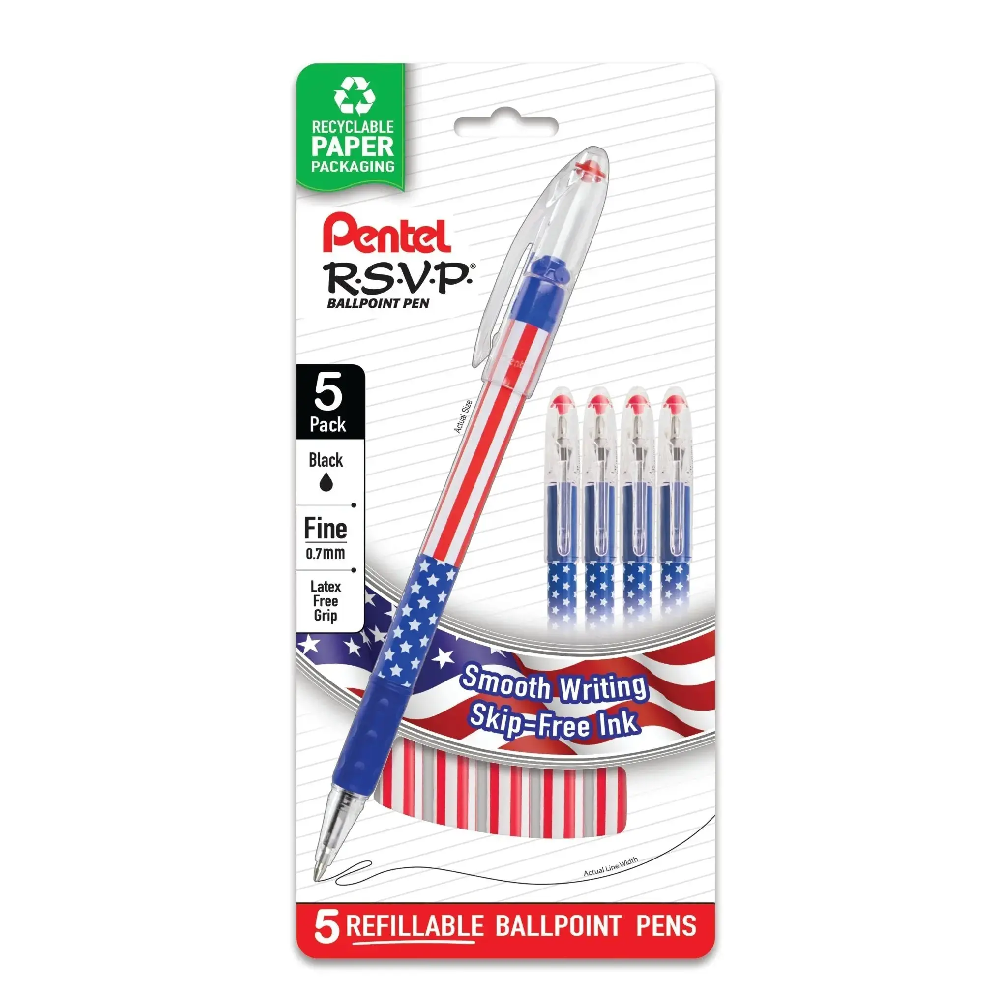 Pentel RSVP Stars & Stripes Smooth Writing Ballpoint Pens - 5-Pack Ballpen Set, Skip-Free Lines, Office Stationery Supplies