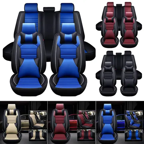 PU Leather Car Seat Covers Full Set, Non-Slip Seat Cover Protectors, Universal Fit for Cars, Trucks, SUVs, Vans, Pickups, Airbag Compatible, Seat Covers for Car Interior (Blue)
