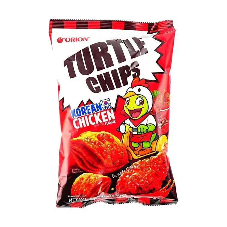 Orion Turtle Chips - Fried Spicy Korean Chicken Flavor Crispy Crunchy ASMR Snack, 160g Party Snacks Made with Enriched Flour & Spicy Ketchup