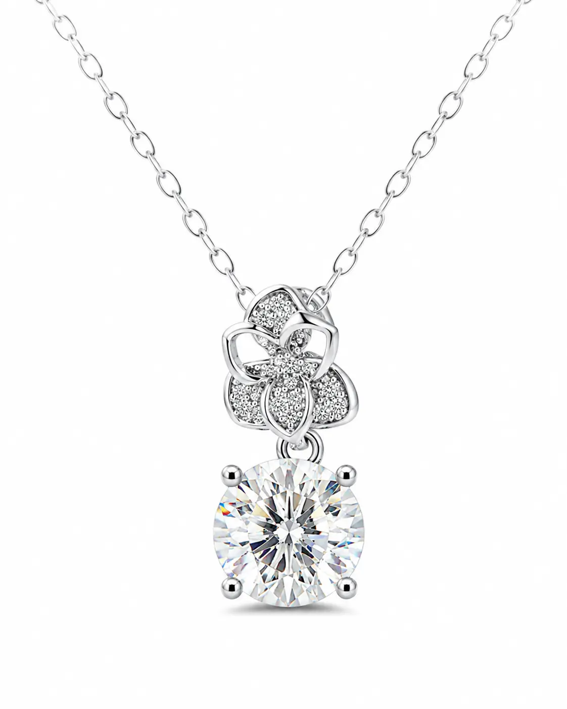 SKU-XL-012 Classic Adjustable O-Link 4-Leaf Clover Round Moissanite Pendant Necklace, Flower Clover Formal Imitation Diamond Costume Jewelry, Flower Clover Necklaces