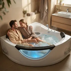 [Bellemave]59" Corner Whirlpool Bathtub for 2-Person, Luxury Jetted Spa Tub with 6 Hydro Massage Jets, Chromatherapy LED Lights &Pneumatic adjust system, UL Certified water pump,UPC Certified drainer   WL