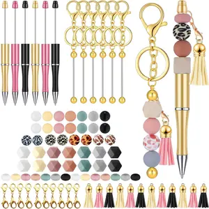 DIY Beading Kit, 49pcs/set Keychain Bead Making Kit, Including 2 Counts Golden Keychains, 4 Counts Bead Pens, 25pcs Silicone Beads, Bead Assortment, 12pcs Tassels & 6 Counts Lobster Clasps, Jewelry Making Kit, Beaded Tassel Charms