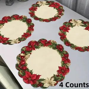 4 Counts Christmas Flower Ring Meal Mat, Non Slip Washable Polyester, Festival Dining, Kitchen, Banquet Party Decoration