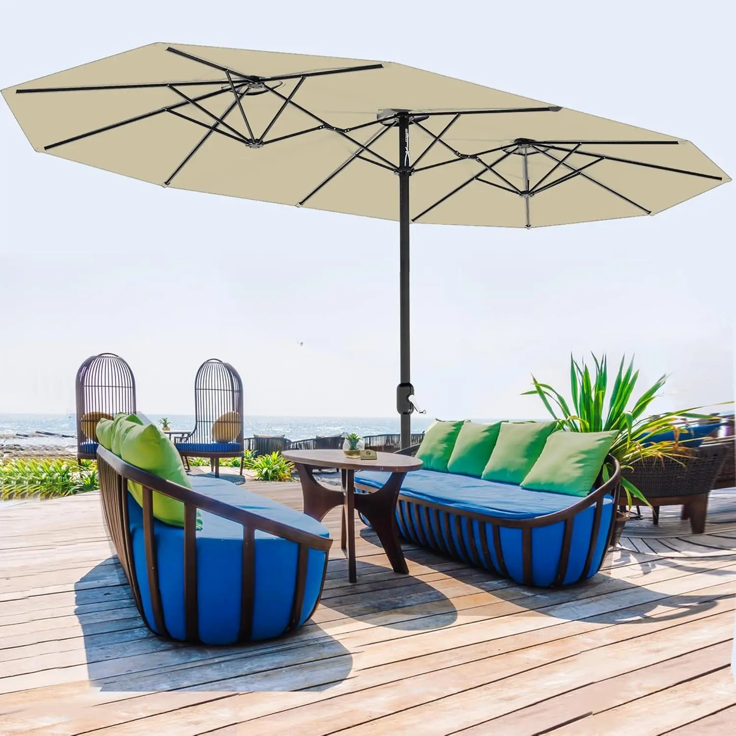 13 ft Oversized Double-Sided Rectangular Outdoor Patio Umbrella - Polyester Fade-Proof Canopy, Crank Lift, Durable Construction, Easy Installation, Shades 2-6 People for Deck, Garden, Sturdy