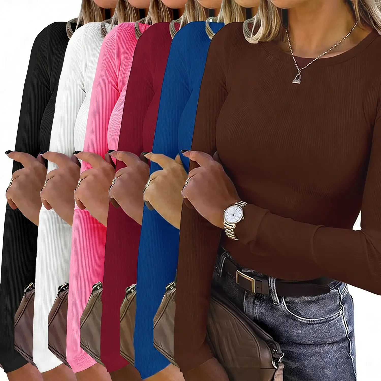 【Limited Time Deal】【Fast Shipping】Women's Long Sleeve Rib-Knit Spandex Shirt - Slim Fit Basic Tee, Multicolor-6pcs Women's Clothes Outfits for Fall Casual Layering