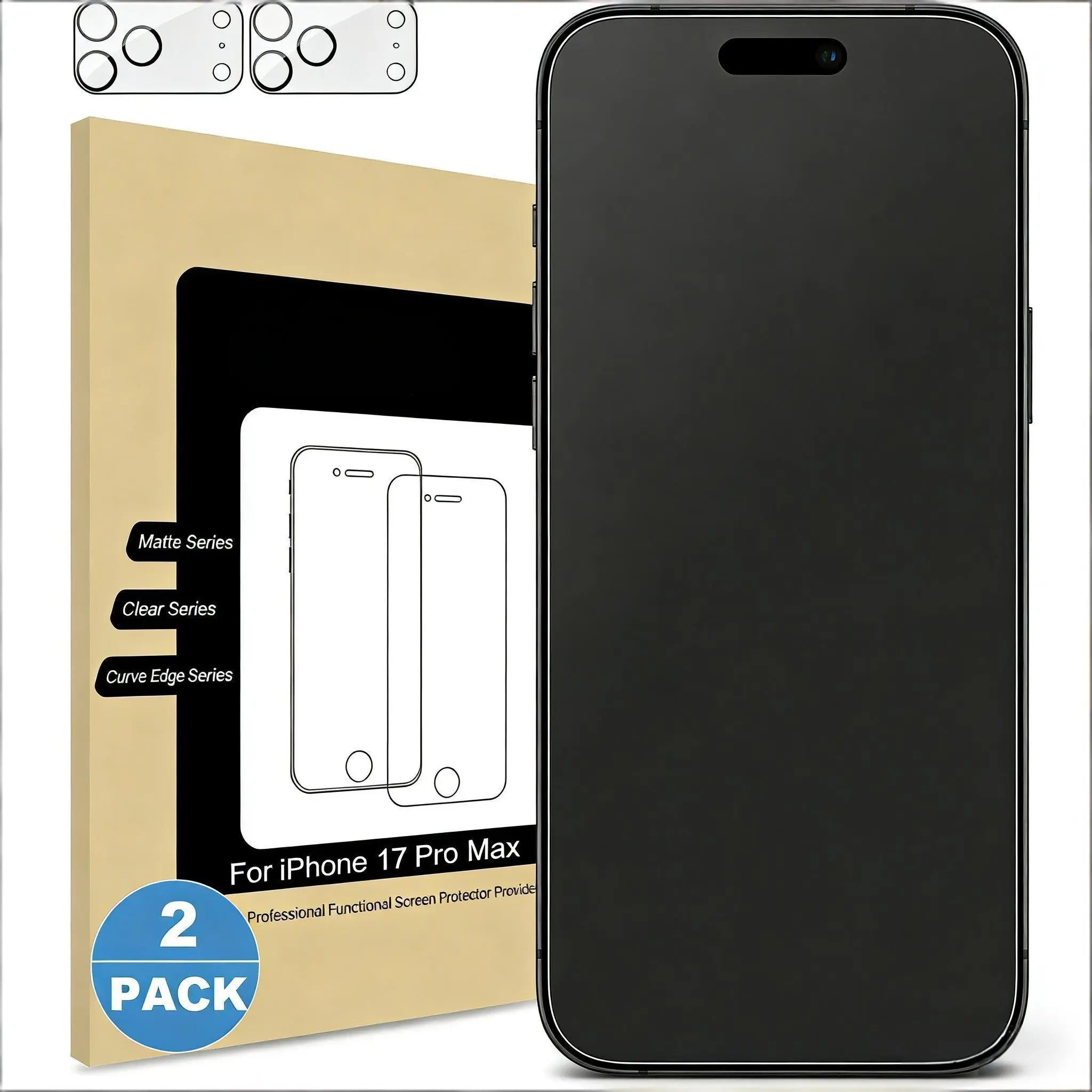 2-Pack Matte Glass Protective Screen Protectors, Cellphone Accessory, Compatible with iPhone 17 Pro Max, 16 Plus, 15, 14, 13, 12, 11, + 2-Pack Camera Lens Protectors, Anti-Glare and Anti-Fingerprint Tempered Glass Protection, Bubble-Free