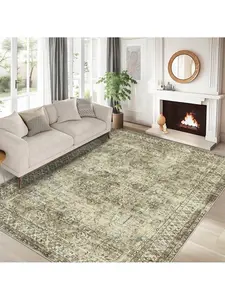 Brown-8*10 feet Vintage Machine Washable Area Rug For Living Room Non Slip Non Shedding Distressed Floral Print Neutral Carpet Low Pile Stain Resistant Indoor Foldable Floor Cover For Living Room Bedroom Kitchen Playroom Under Table