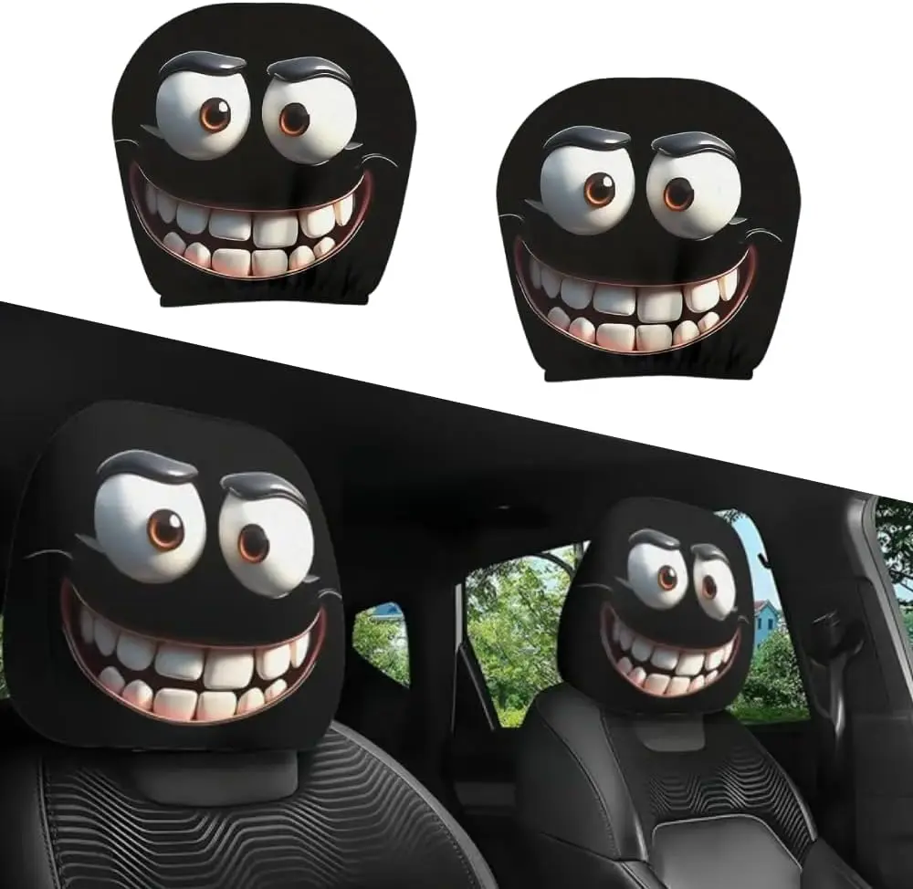 Funny Big-Eyed Grinning Cartoon Print Car Seat Headrest Covers Elastic Breathable Head Rest Covers for Driver Passenger Halloween Accessories for Vehicles Interior