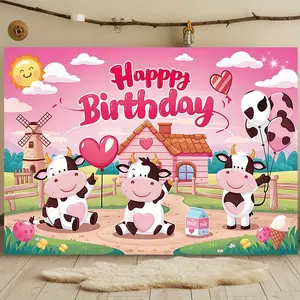 1PC Polyester Reusable 2D Flat Cute Cow Themed Photo Backdrop - Blush Pink Farm Party Decoration Cloth Banner for Kids' Birthday Party Scene Layout Wall