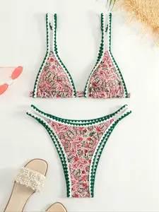 Women's All Over Ethnic Pattern Bikini Set, Contrast Binding Triangle Swim Bra & High Cut Swim Panty, Summer Beach Holiday Vacation Swimwear Set for Women, Bikinis Sets