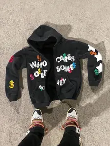 TikTok Viral 'Who Cares Get Some Money' Graphic Fitted Zip - Up Hoodie Long Sleeve – Retro Vintage Washed Cotton Blend, Streetwear Essential for Casual & Edgy Outfits, Y2K Aesthetic Must - Have, Sweatshirts