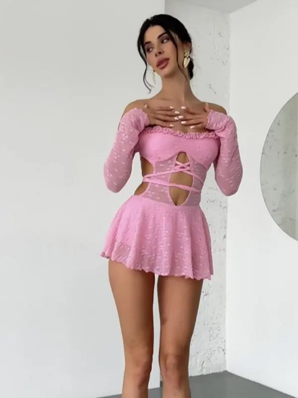 Women's Spandex-Polyester Long Sleeve Rompers, Super Cute Mesh See-Through Off-Shoulder Hollowed-Out Lace-Up High-Waisted Festival Wear