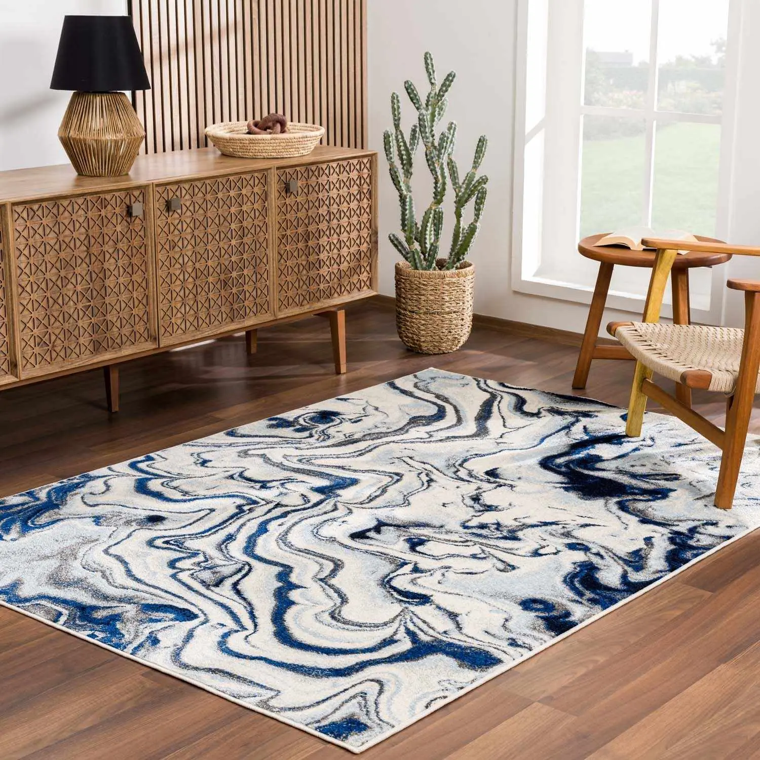 Glendon Cream Blue Marble Patterned Rug - Polypropylene Filament Home Decor Indoor Area Rug