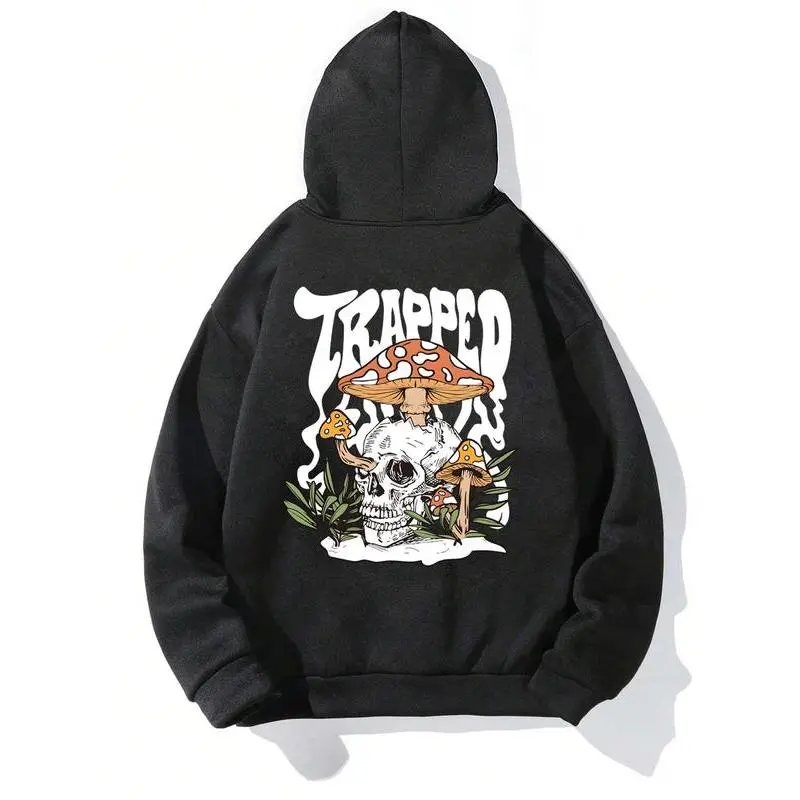 Men's Cartoon Mushroom & Skull Print Drop Shoulder Hoodie, Fashion Casual Regular Fit Drawstring Pocket Hooded Sweatshirt for Daily Holiday Outdoor Wear, Men Clothes for Fall & Winter Men's Cartoon Mushroom & Skull Print Drop Shoulder Hoodie, Fashion Casual Regular Fit Drawstring Pocket Hooded Sweatshirt for Daily Holiday Outdoor Wear, Men Clothes for Fall & Winter