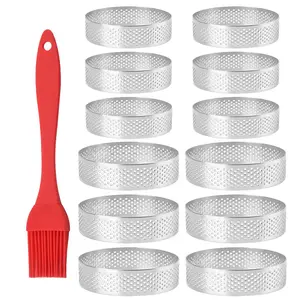 12 Pack Tart Rings 3.15 Inch 4 Inch Perforated Tart Ring Stainless Steel, Round Mousse Cake Ring Metal Pastry Mold for Baking Cooking Pastries, Small Fruit Tartet Crust (6 Pack 3.15 Inch, 6 Pack 4 Inch & 1 Brush)