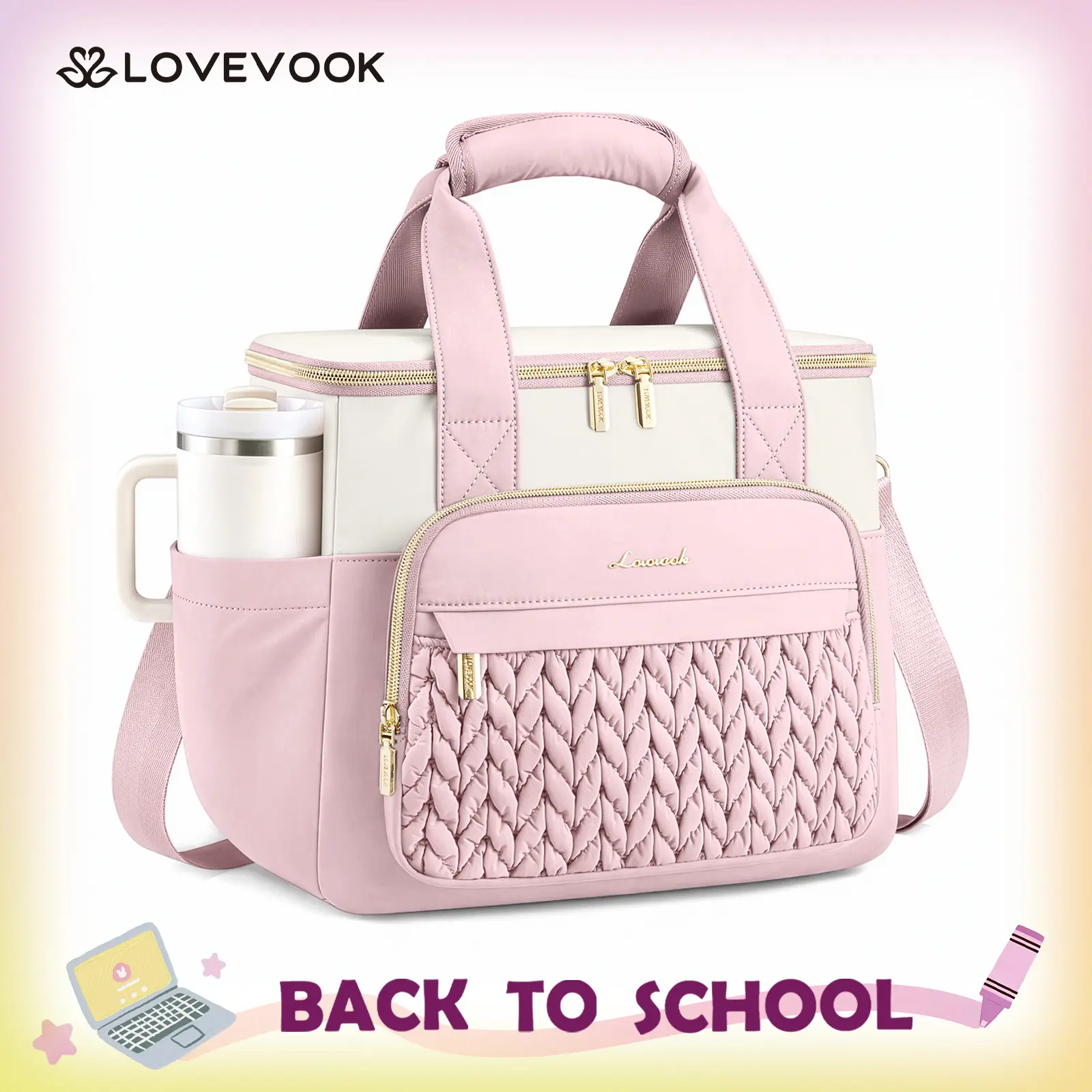 LOVEVOOK Lunch Bag Women, Insulated Wide Opening Adult Lunch Box for Women Work with Cup Holder, Large Lunch Cooler Tote Bag with Utensils Pocket for Office Campus Picnic Beach Mom Nurse Family