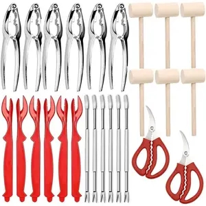 26pcs Food-Grade Seafood Tools & Nut Cracker Tool Set, with 6 Crab Crackers & 6 Shellfish/Seafood Forks & 6 Plastic Lobster Shellers & 2 Seafood Scissors & 6 Crab Hammers