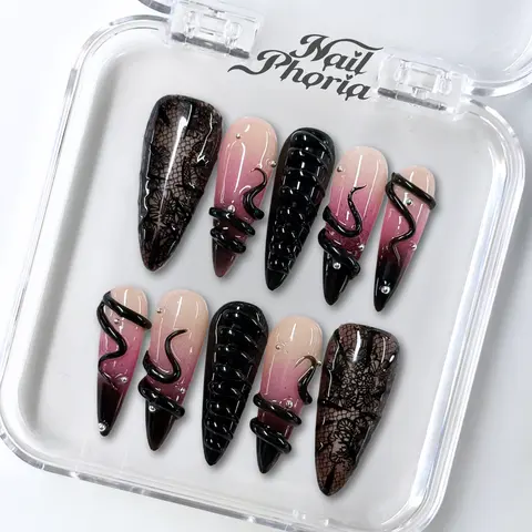 NailPhoria VELVET VENOM - Halloween Handmade Press-On Nails | Reusable, Salon-Quality, Long-Lasting, Glossy Design