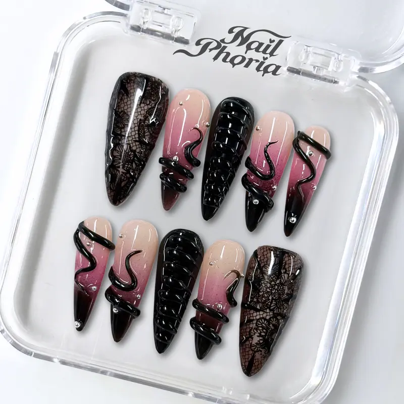 NailPhoria VELVET VENOM - Halloween Handmade Press-On Nails | Reusable, Salon-Quality, Long-Lasting, Glossy Design
