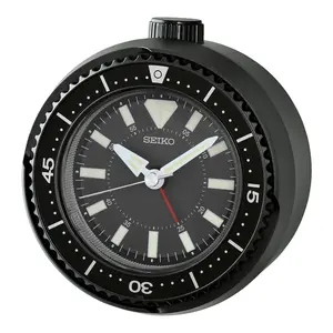 Seiko QHE207KLH "Mai Modern Watch Dial" Black Heritage Design Luminous Desk & Alarm Clock with Rotating Bezel