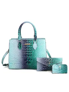 3Pcs Croc Textured Satchel Bag Set, Gradient Blue-Green, Top Handle & Crossbody, For Daily Use