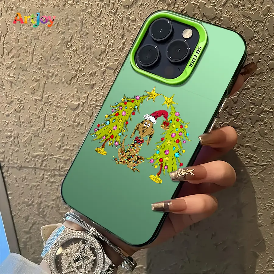 Shockproof TPU Phone Case - Christmas Dog & Tree Print, Colorful Festive Illustration, Elegant Versatile Cover with Green Frame Camera Module, Mobile Phone Accessories Shell for Multiple iPhones (17 Pro Max,16,16 Plus,15,14,13,12), Holiday Gift