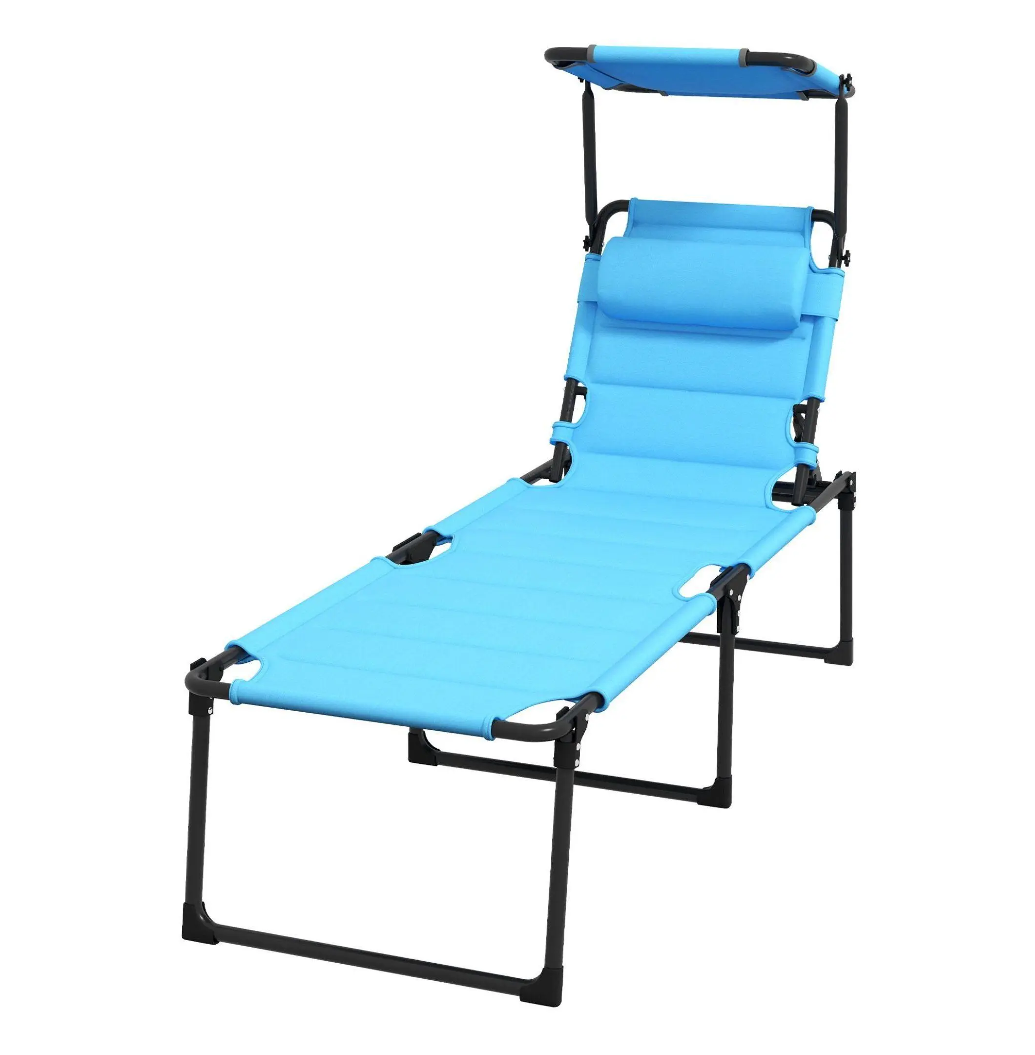 Beach Recliner Chair with Sunshade - Light Blue Folding Lounge Chair Adjustable Backrest Portable Patio Chaise for Seaside, Poolside Comfort