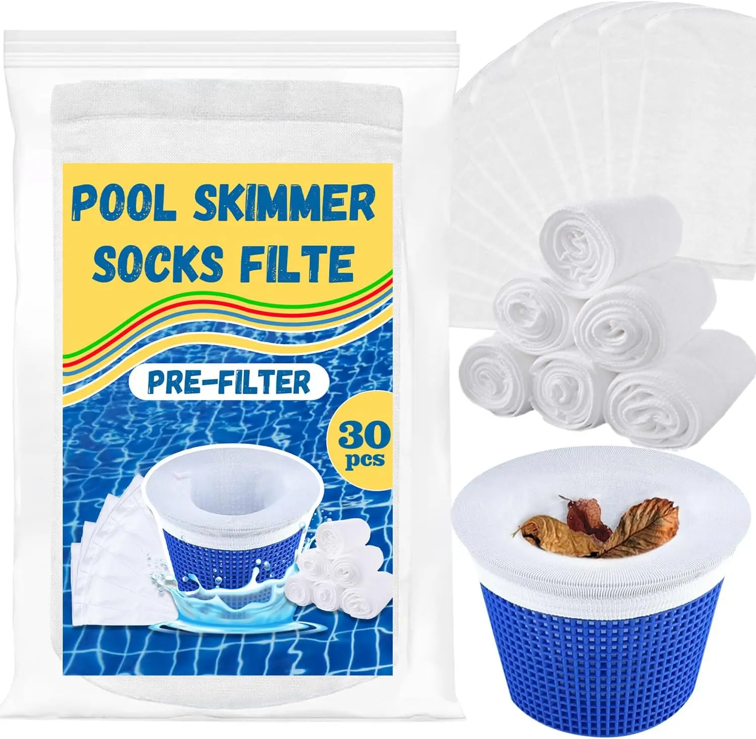 30 Pack Pool Skimmer Socks,Pool Filter Socks for Skimmer Basket for Above Ground and Inground Pool Ultra Fine Mesh Screen Pool Skimmer Scum Socks Saver,Pool Cleaning Filter Socks Cleans Debris Leaves