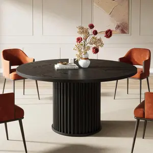 Black Circular Dining Table For 4-6 Occupants, 47.24-Inch Round Wood Kitchen Table With Strong Grooved Metal Base, Contemporary Dining Room Furniture, Black