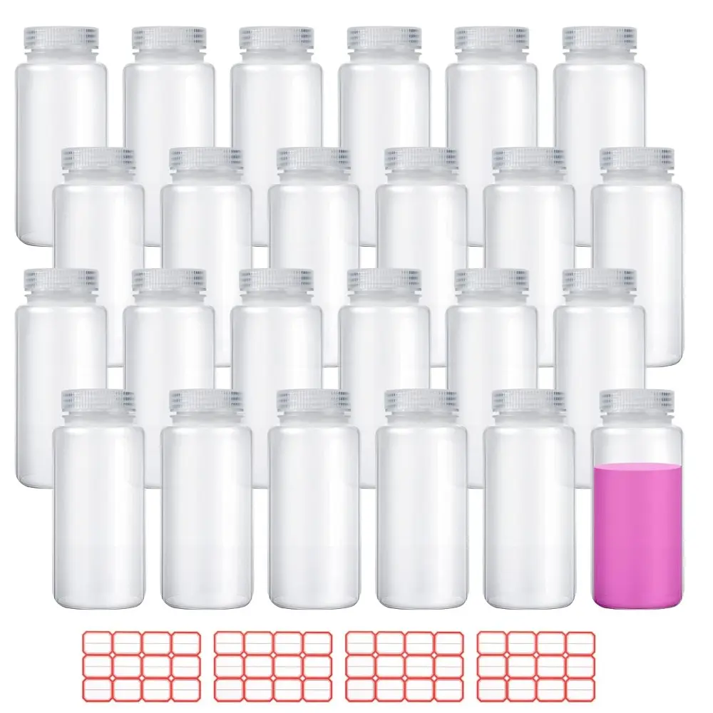 24 Pcs 16oz/500ml Plastic Sample Bottles with 4 Label Sheets Leak Proof Containers Laboratory Grade Wide Mouth Reagent Bottles with Lids Clear Liquid Storage Containers for Lab Classroom Home Organiser Tin Canister Multicolor