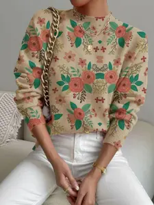 New Women's Casual Ditsy Floral Printed Sweater, Fashionable Comfortable Warm Daily Wear, All Seasons Fitted Knitwear