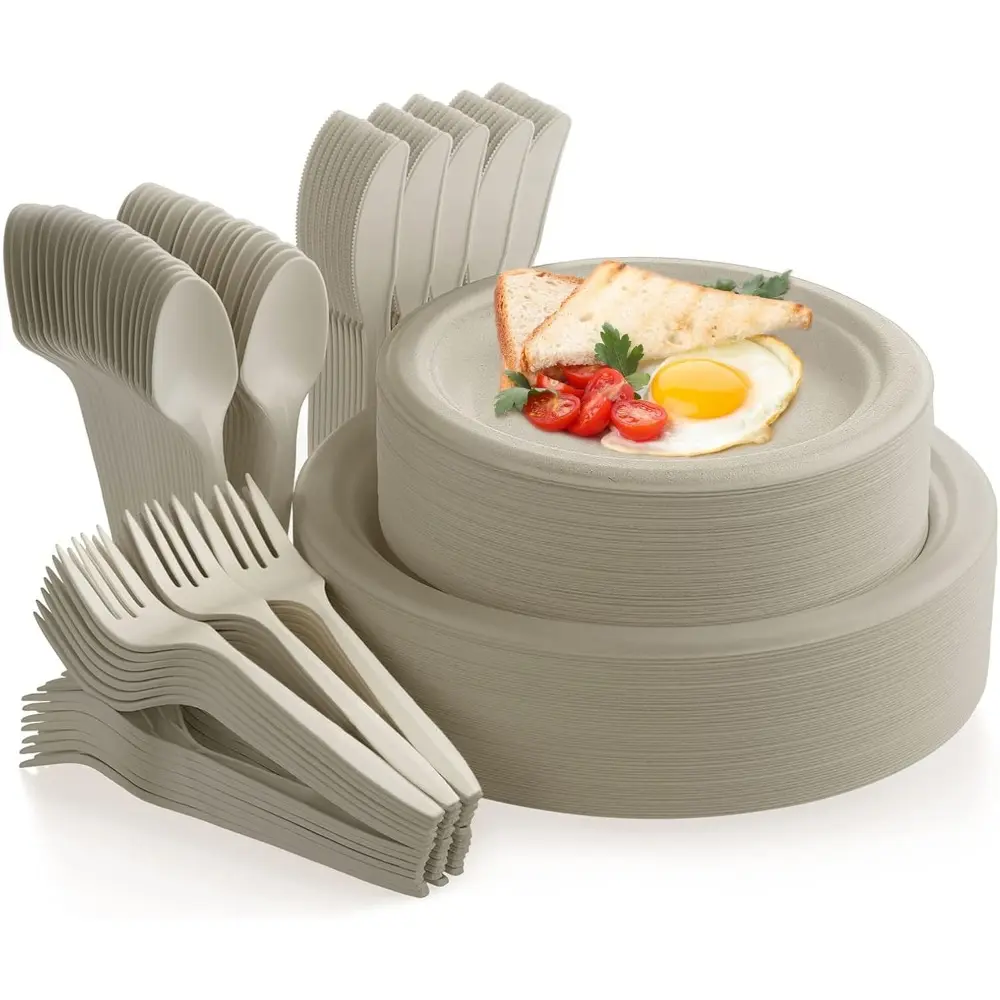 250pcs Solid Disposable Tableware Set - 9" Compostable Biodegradable Eco-Friendly Kitchen Plates, Freezer-Safe Heat-Resistant Cutlery (Larger Fork, Knife, Spoon) for Party, Camping