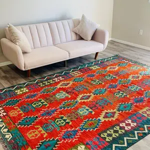 Afghan Kilim Rug - Vibrant Colorful Patterned Area Rug for Living Room Decor - Traditional Handmade Carpet for Home Interior