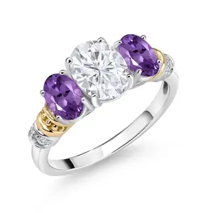 925 Sterling Silver and 10K Yellow Gold IGI Certified Lab Grown Diamond and Purple Amethyst 3 Stone Ring For Women | 2.43 Cttw | Center Oval Diamond 1.5 Ct | E-F Color | VS1-VS2 Clarity