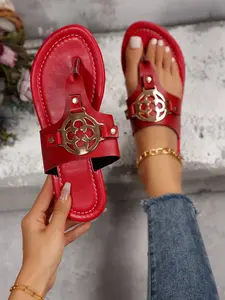 Metal Buckle Flip Flops, Elegant Sandals, Luxurious Style, Anti-Slip Flat Sole, Perfect for Trendy Women Daily & Beach Vacations