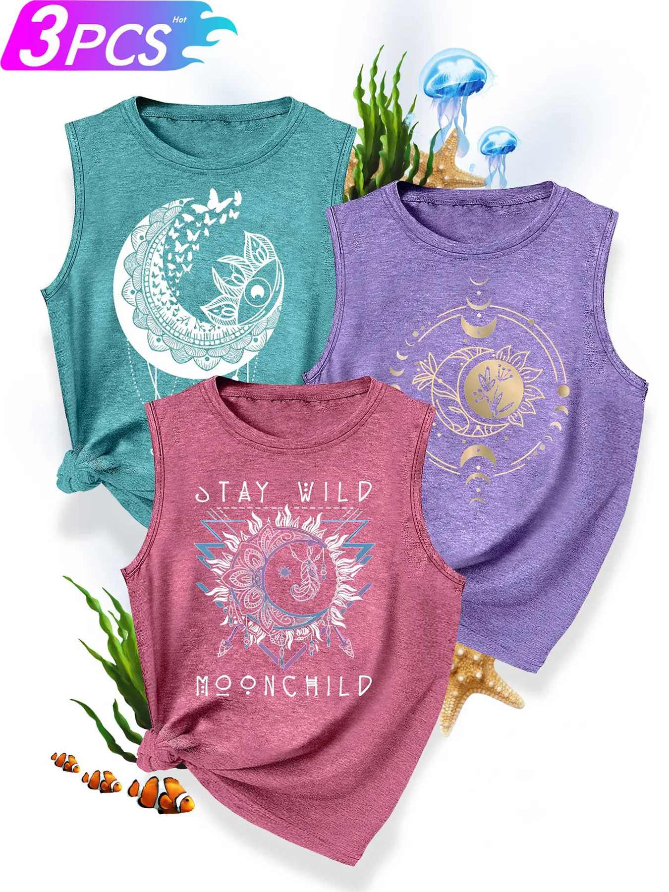 3-Pack Women's Crew Neck Knitted Tank Tops, Sun and Moon Series Print, Soft Skin-Friendly Fabric, Casual Summer Tops