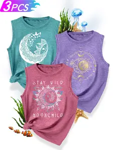 3-Pack Women's Crew Neck Knitted Tank Tops, Sun and Moon Series Print, Soft Skin-Friendly Fabric, Casual Summer Tops