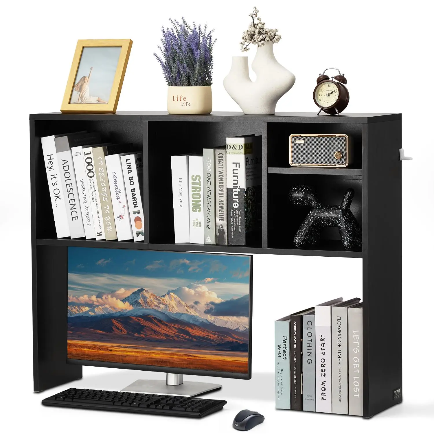 【summerfinds】VEVOR Desktop Bookshelf, 1-Tier Desktop Storage Organizer, 37" x 9.4" x 28.7" Office Storage Rack Wood Display Shelf, Desktop Bookshelf Hutch with Anti-Slip Feet Pads, for Office, Home & Dorm, Black