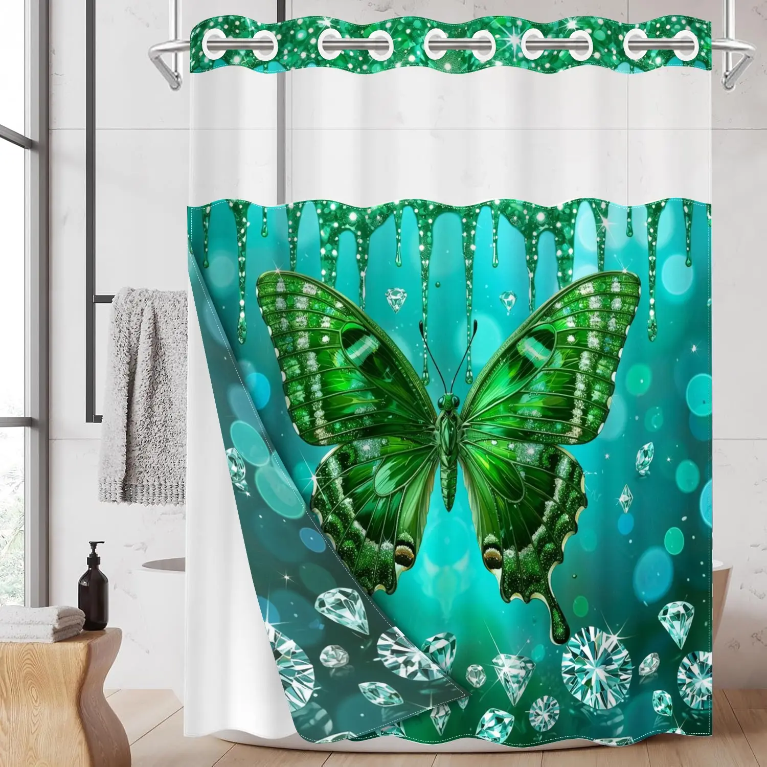 1PC - Green Butterfly Pattern 2D Flat Double-Layer Woven Shower Curtain (No Hooks), Shower Curtain Liner, Transparent Top Window, Removable Lining with Clips, Modern Home Bathroom Partition Art Decoration