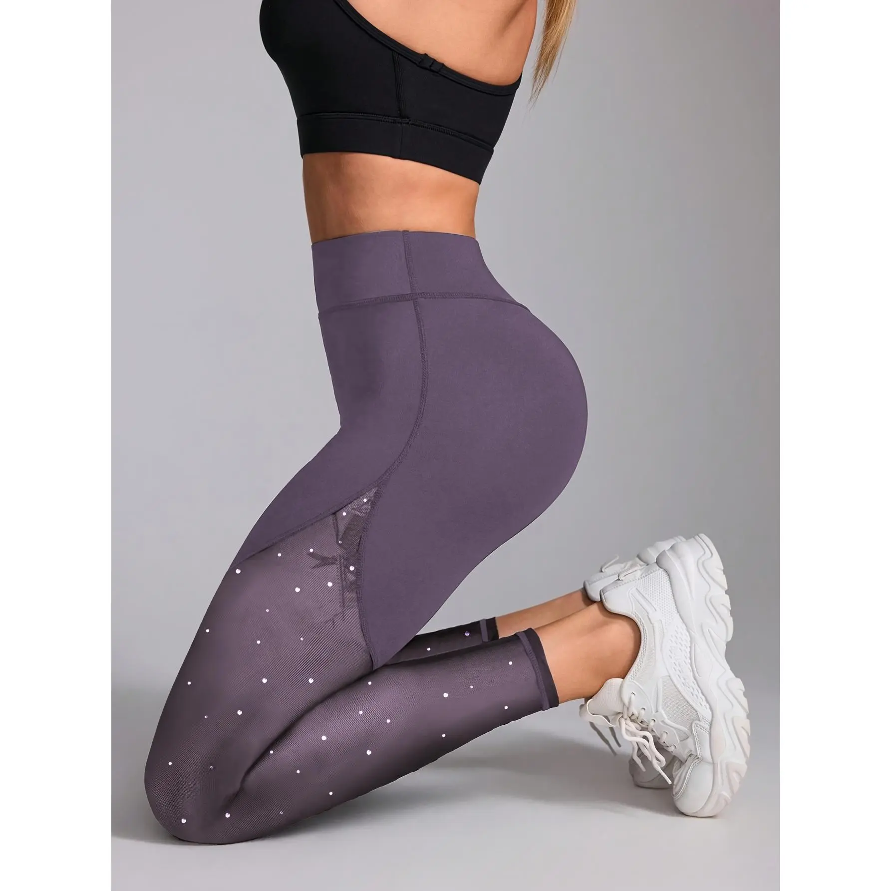 Women's New Black High-Waisted Hip-Lifting Slimming Yoga Pants, Sequin Decoration Fashionable and Elegant, Mesh Patchwork Fitness Running Leggings, High Elasticity Quick-Dry Fitness Tight, Best Gift [Direct]