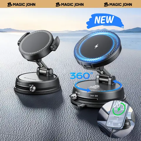 MAGIC JOHN Clip-On Magnetic Phone Holder for Car, Mag+Clamp Dual Hold, 360-Degree Magnetic Suction Wireless Phone Holders & Mounts, Strong Grip, Non-Slip Folding Stand, Adjustable Height, Extreme Car Temp Resistant Vehicle Accessory
