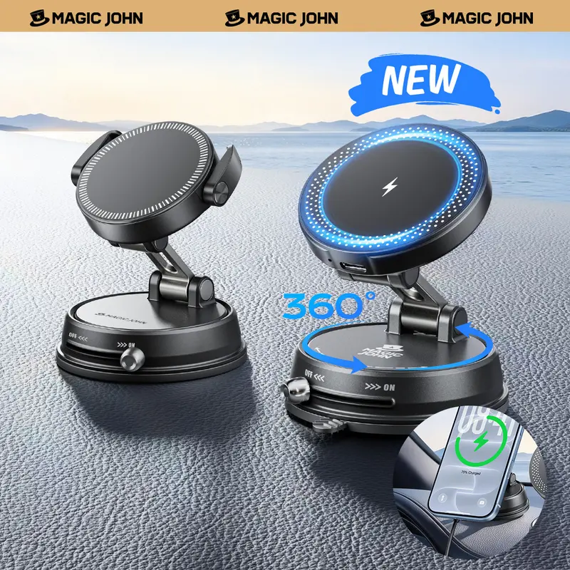 MAGIC JOHN Clip-On Magnetic Phone Holder for Car, Mag+Clamp Dual Hold, 360-Degree Magnetic Suction Wireless Phone Holders & Mounts, Strong Grip, Non-Slip Folding Stand, Adjustable Height, Extreme Car Temp Resistant Vehicle Accessory